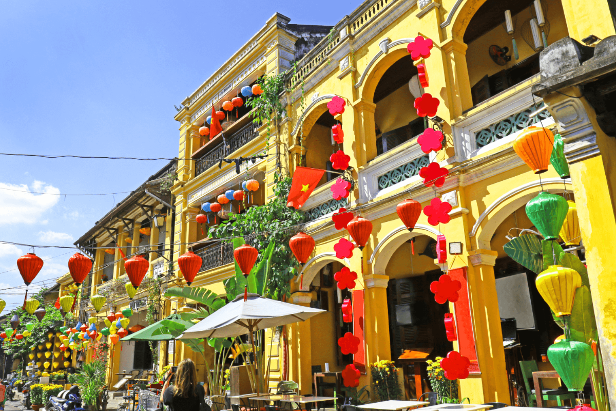 Sunny day in Hoi An Ancient Town with traditional houses